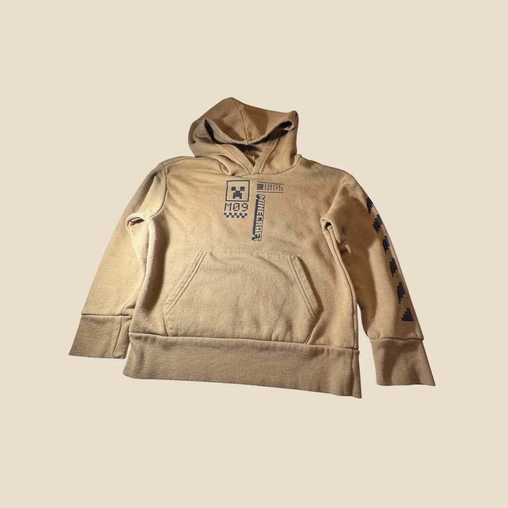 Old Navy Minecraft Creeper Graphic Hoodie Kids Small 6-7 Tan Brown Sweatshirt
